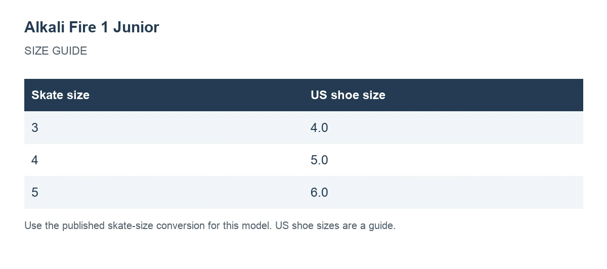 Alkali Fire 1 Junior size chart