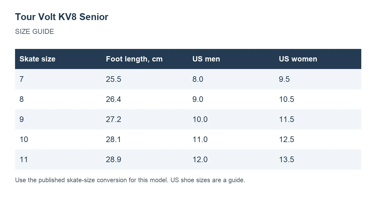 Tour Volt KV8 Senior size chart