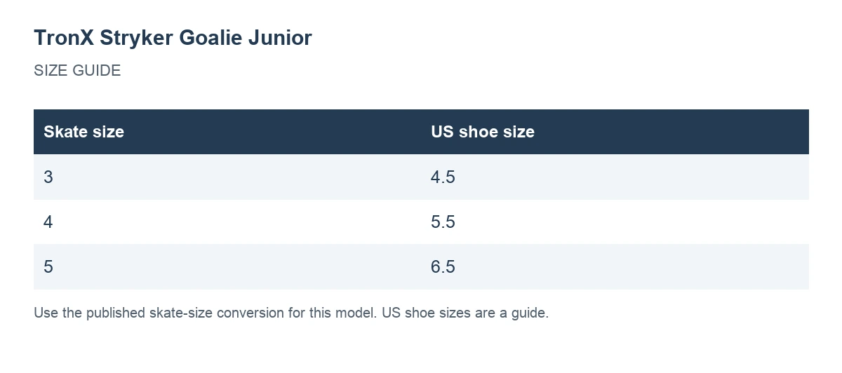 TronX Stryker Goalie Junior size chart