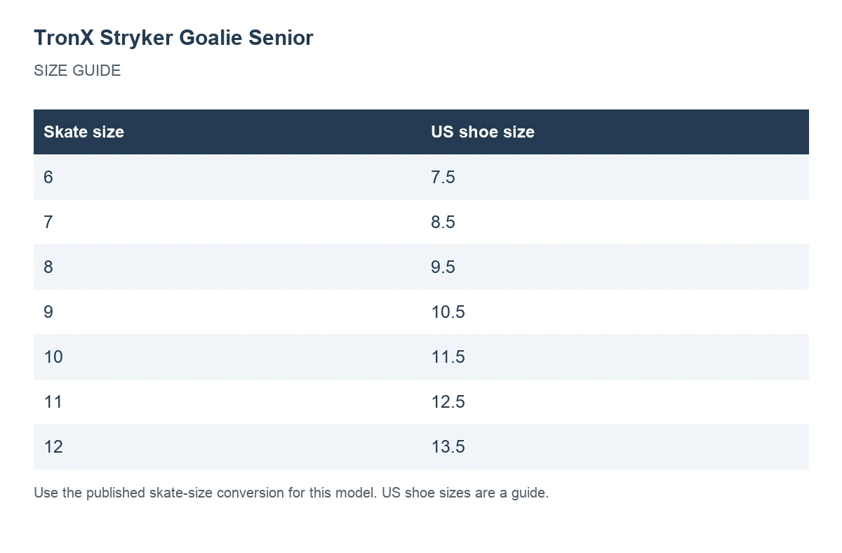 TronX Stryker Goalie Senior size chart