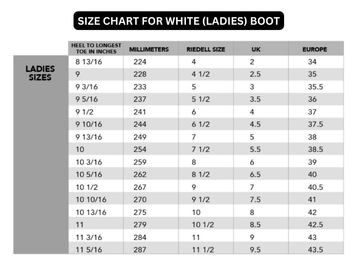 Riedell High Top Skates Sizing Chart