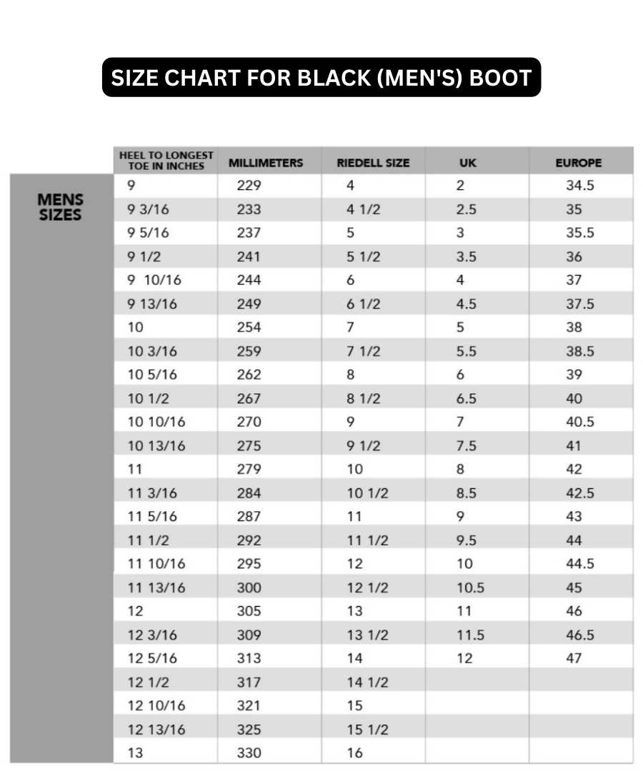 Riedell High Top Skates Sizing Chart