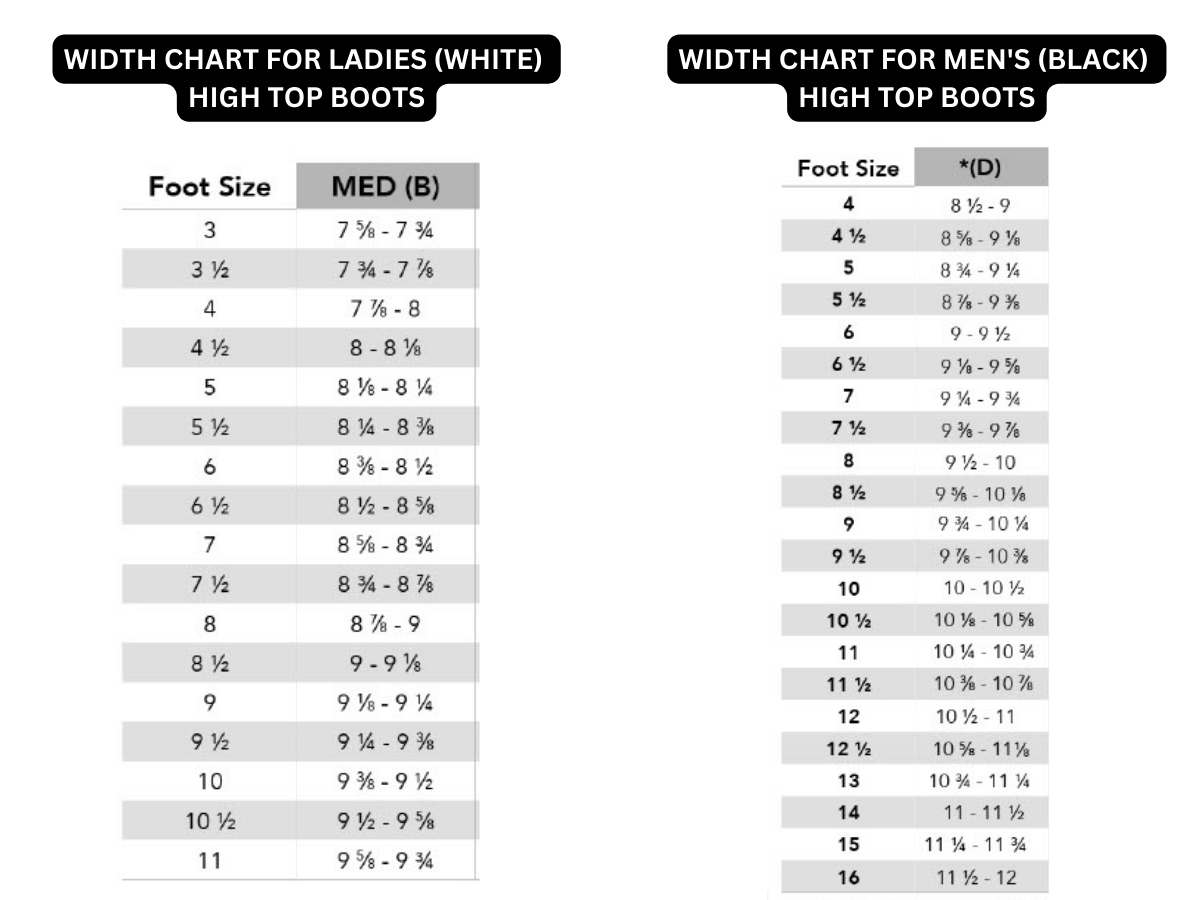 Riedell High Top Skates Sizing Chart