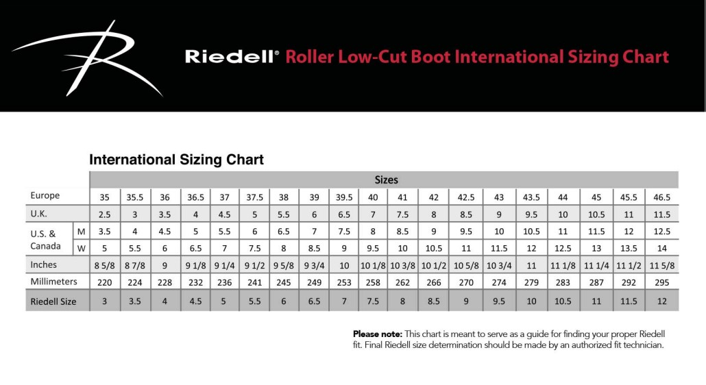 Riedell Low Top Skates Sizing Guide