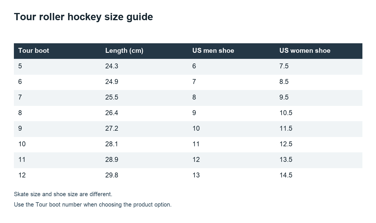 Tour roller hockey size guide
