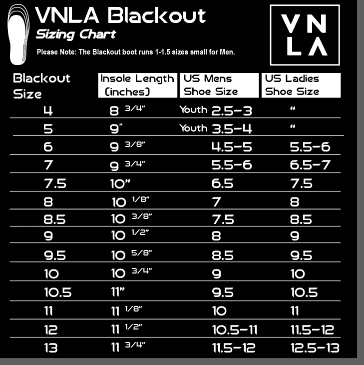 VNLA Blackout Size Chart