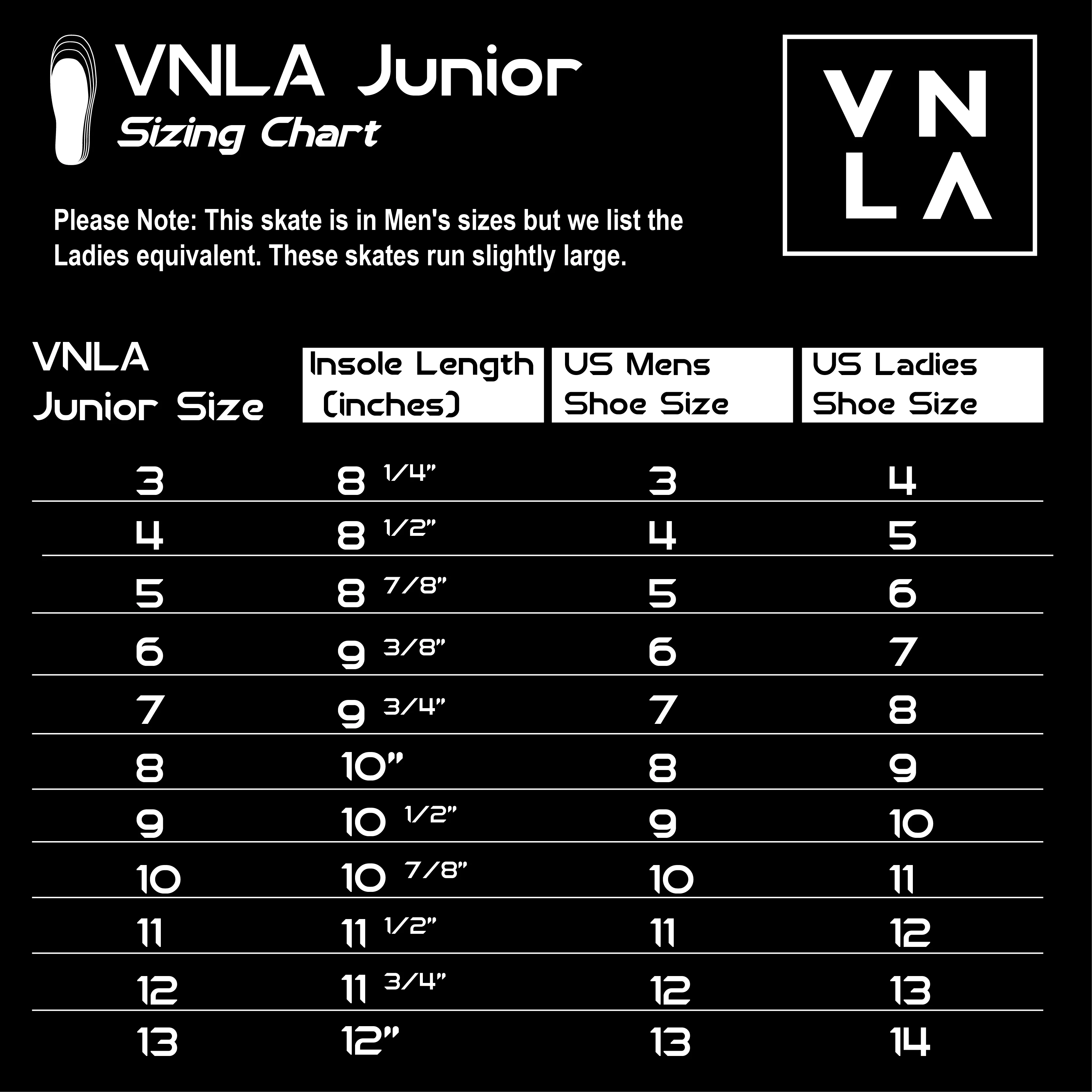 VNLA Jr Skates Sizing Chart