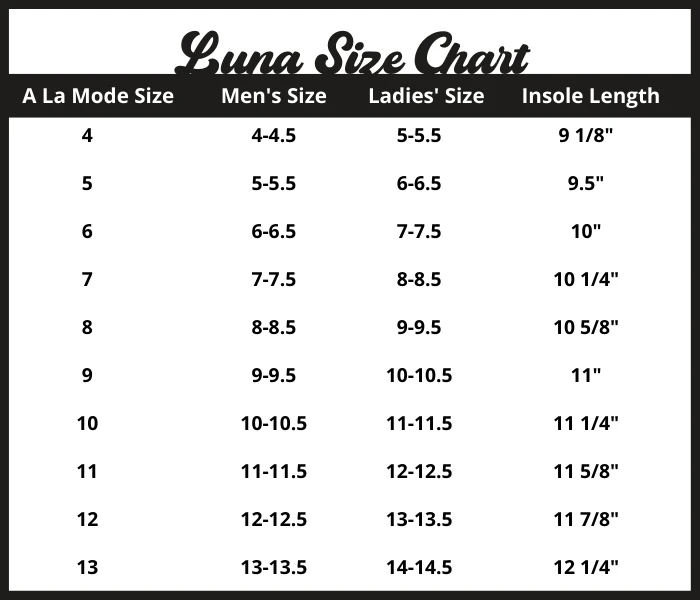 VNLA Luna and A La Mode Size Chart